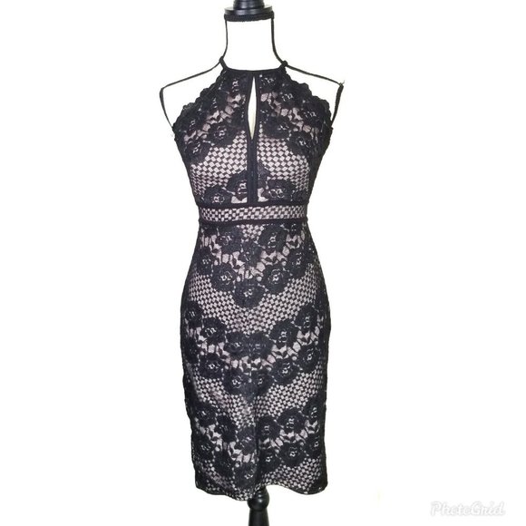 Morgan & Co. Dresses & Skirts - Morgan & Co Floral Black Lace Nude Bodycon Sleeveless Knee Length Dress Size 5